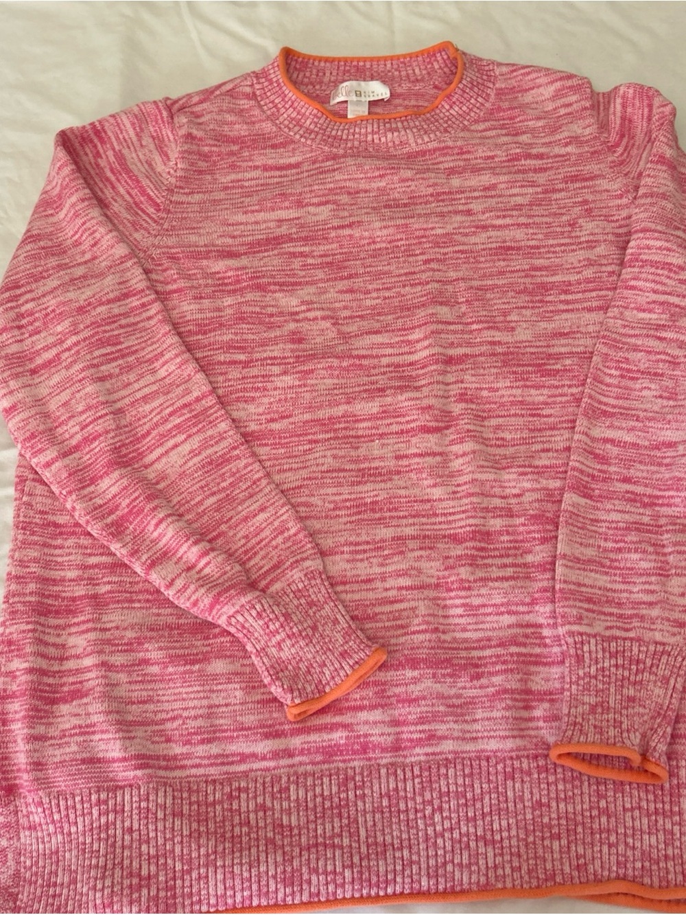 Belle by Kim Gravel Pink Marled Crewneck Sweater with Orange Trim